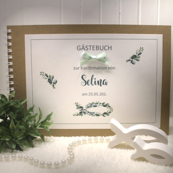 Gästebuch "Eukalyptus Fisch" zur Konfirmation, Kommunion, Firmung oder Taufe Design 322