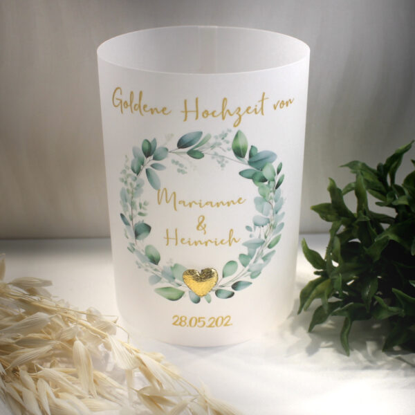 Lichthülle, Windlicht Pergament zur Goldenen Hochzeit "Eukalyptus mit Herz" Design 7119