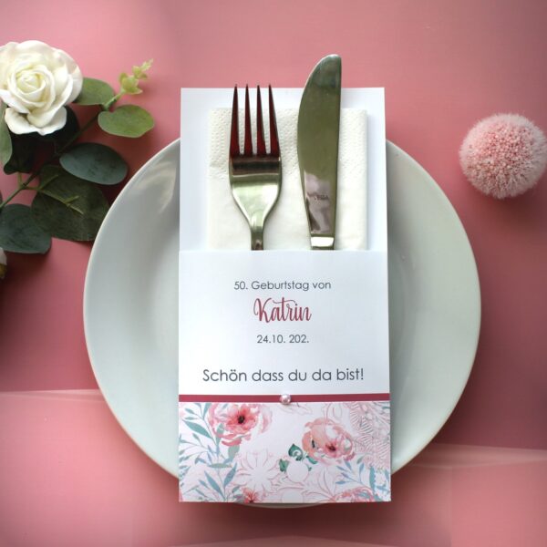 Bestecktasche zum "Geburtstag" mit Blüten und Perle, Design 7202