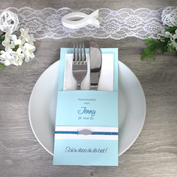 Bestecktasche mint-türkis mit Glitzerstreifen und Spiegelfisch zur Konfirmation, Kommunion oder Taufe, Design 316