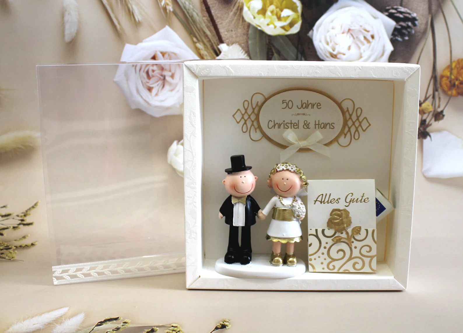 Geschenkschachtel als Rahmen zur "Goldenen Hochzeit" mit transparentem Schiebedeckel, hochwertige Qualität, Design 8000 – Bild 2