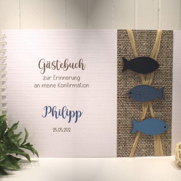 Gästebuch "Leinenoptik Fisch" zur Konfirmation, Kommunion, Firmung oder Taufe Design 14005