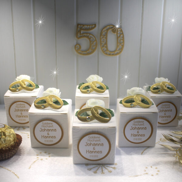 Gastgeschenk "Kleines GOODIE" zur Goldenen Hochzeit mit Blüten und Ringen, zum kleinen Preis! Design 920 OHNE Rocher Kugeln!!