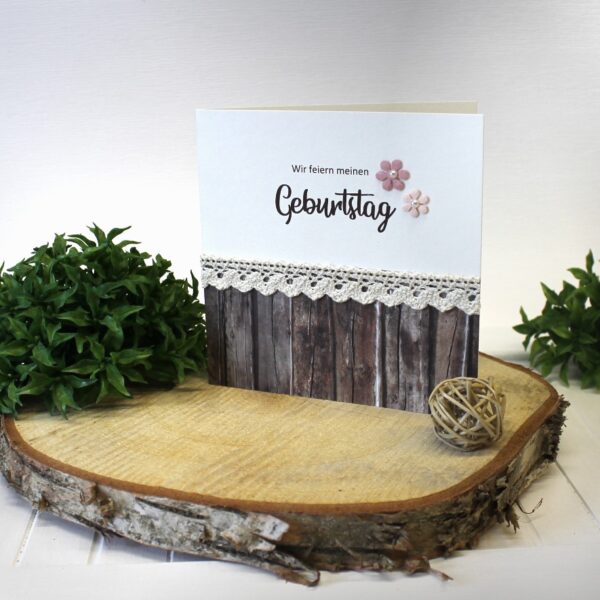 Einladung zum Geburtstag Holzoptik mit echter Spitze incl. Einlegeblatt & Umschlag Design 95006