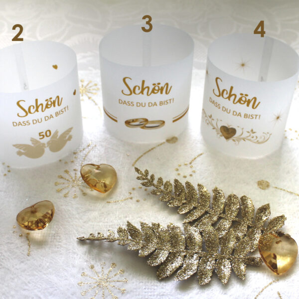 Lichthülle, Windlicht Pergament 5 Stück "Schön dass du da bist" zur Goldenen Hochzeit Design 410 Wählen Sie selbst!
