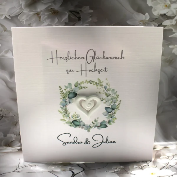 Glückwunschkarte zur Hochzeit "Eukalyptuskranz mit Herz" personalisiert innen mit Geldscheinfach Design 115