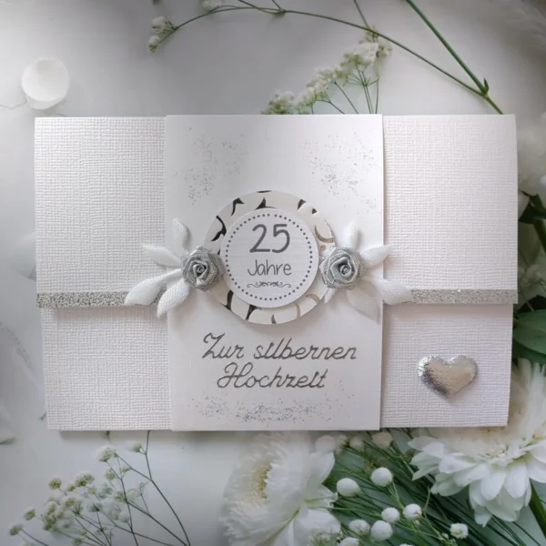 Glückwunschkarte zur Silber Hochzeit "Blüten" äußerst edle Materialien auf Wunsch mit Geldgeschenke Umschlag Design 159