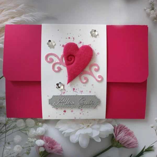 Glückwunschkarte "Pink Herz" zum Geburtstag, äußerst edle Materialien mit Geldgeschenke Umschlag Design 160