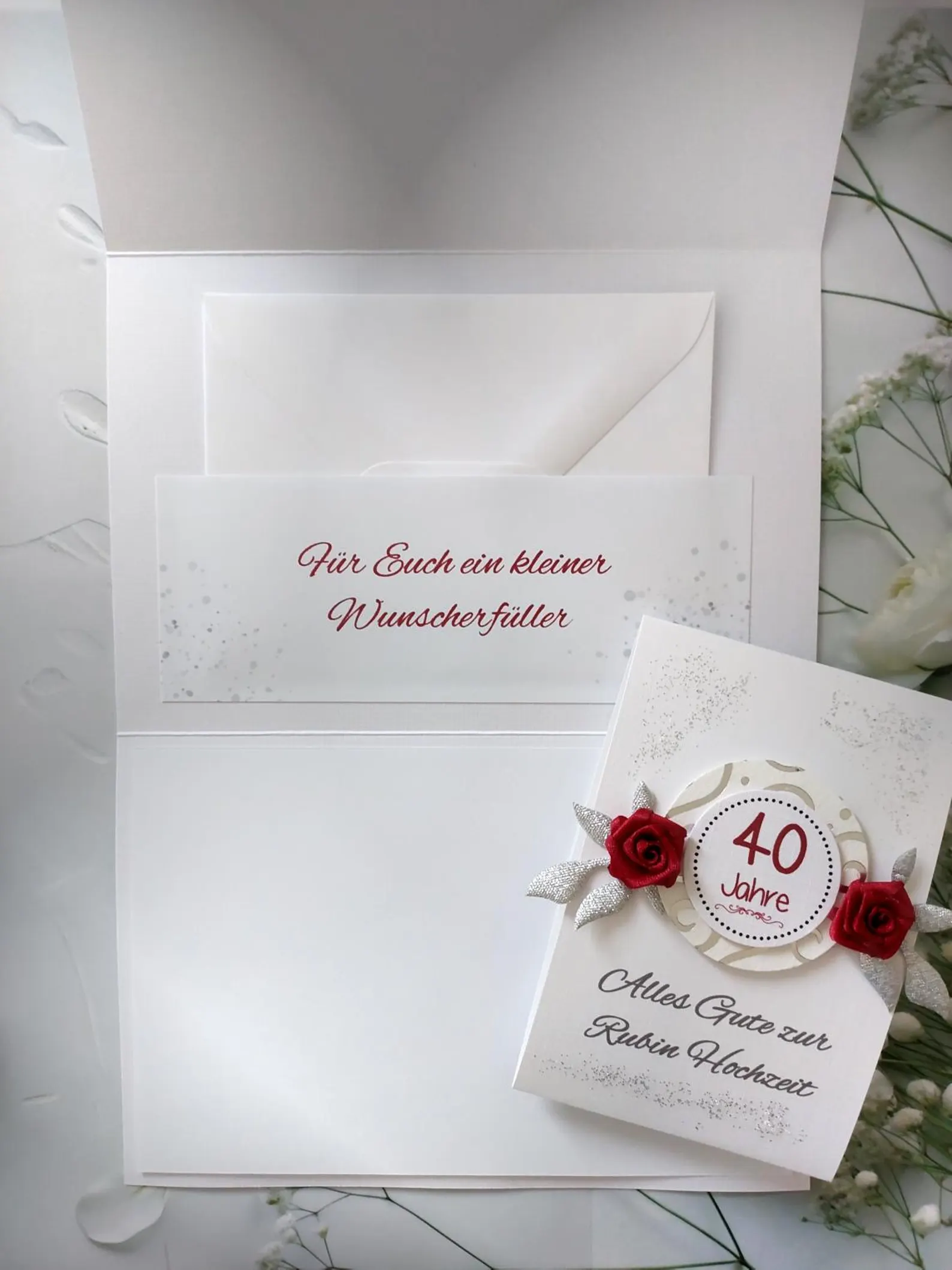 Glückwunschkarte zur Rubin Hochzeit "Blüten" äußerst edle Materialien auf Wunsch mit Geldgeschenke Umschlag Design 161 – Bild 2