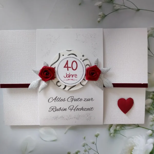 Glückwunschkarte zur Rubin Hochzeit "Blüten" äußerst edle Materialien auf Wunsch mit Geldgeschenke Umschlag Design 161