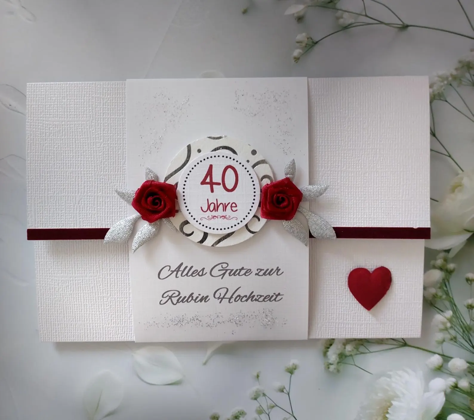 Glückwunschkarte zur Rubin Hochzeit "Blüten" äußerst edle Materialien auf Wunsch mit Geldgeschenke Umschlag Design 161