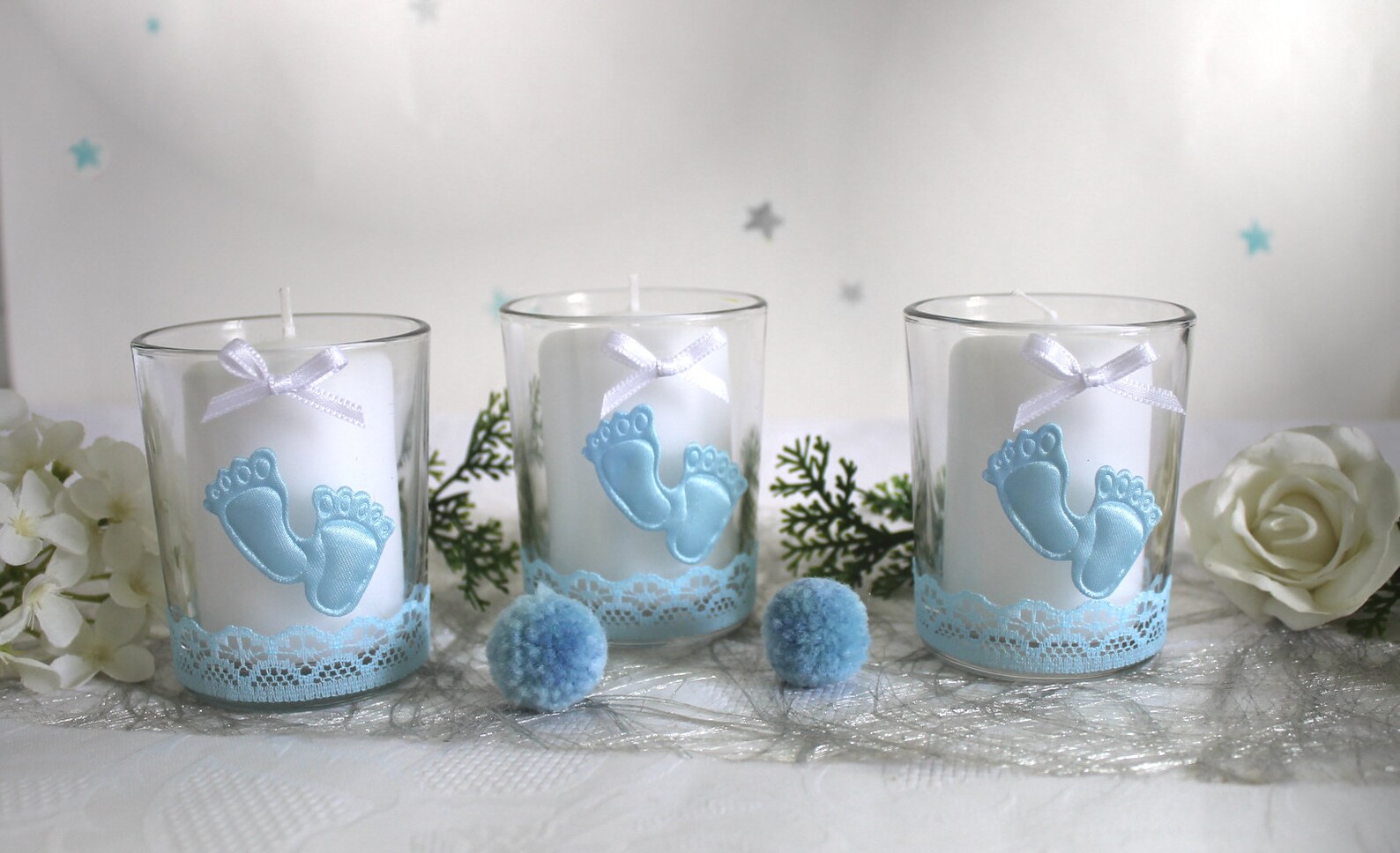 Tischdeko Taufe – 3er Set Dekogläser Design "Kleine Füße" Design 200 blau