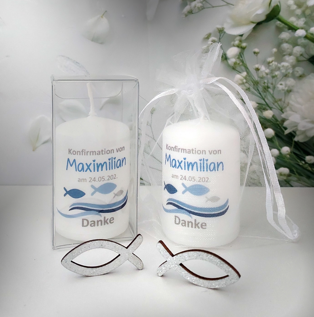 Gastgeschenk Kerze "Welle mit Fisch" wahlweise im Organzasäcken oder in der Geschenkschachtel Design 212 – Bild 7