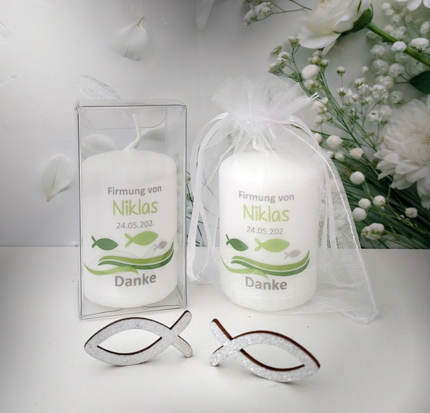 Gastgeschenk Kerze "Welle mit Fisch" wahlweise im Organzasäcken oder in der Geschenkschachtel Design 212 – Bild 6