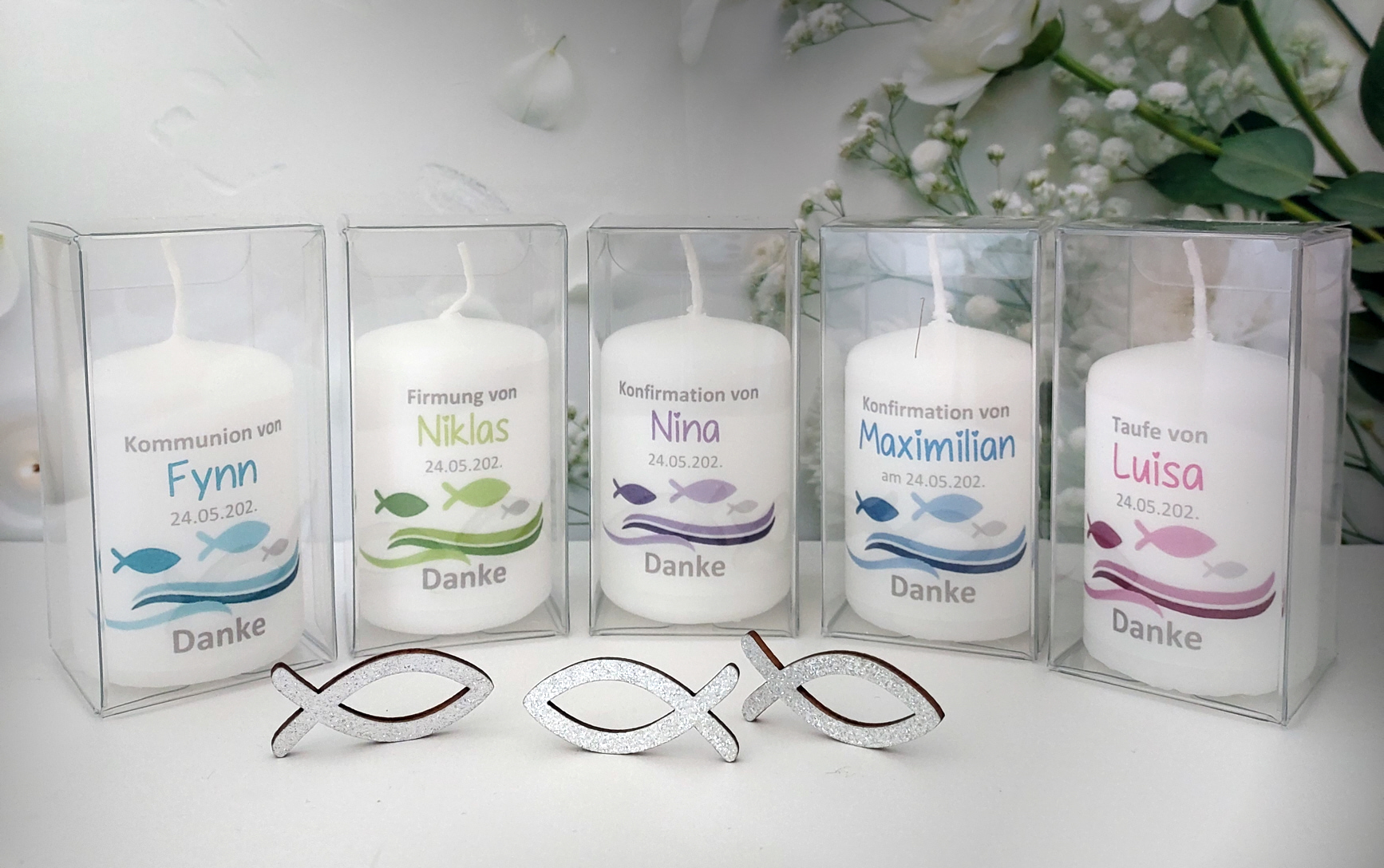 Gastgeschenk Kerze "Welle mit Fisch" wahlweise im Organzasäcken oder in der Geschenkschachtel Design 212 – Bild 2