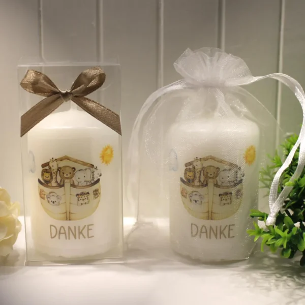 Gastgeschenk Kerze „Arche Noah“ wahlweise im Organzasäckchen oder in der Geschenkschachtel Design 220