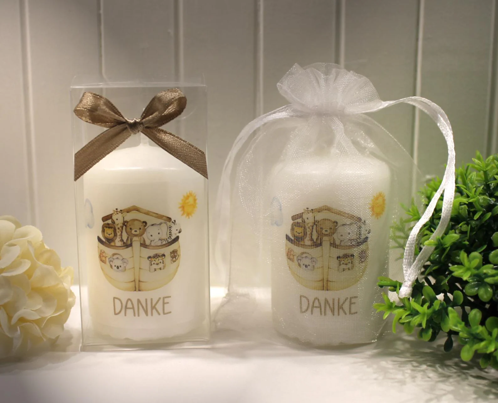 Gastgeschenk Kerze „Arche Noah“ wahlweise im Organzasäckchen oder in der Geschenkschachtel Design 220