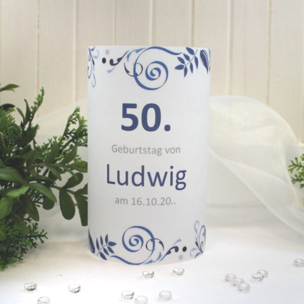 Lichthülle, Windlicht Pergament zum Geburtstag "Ornament blau" Design 420