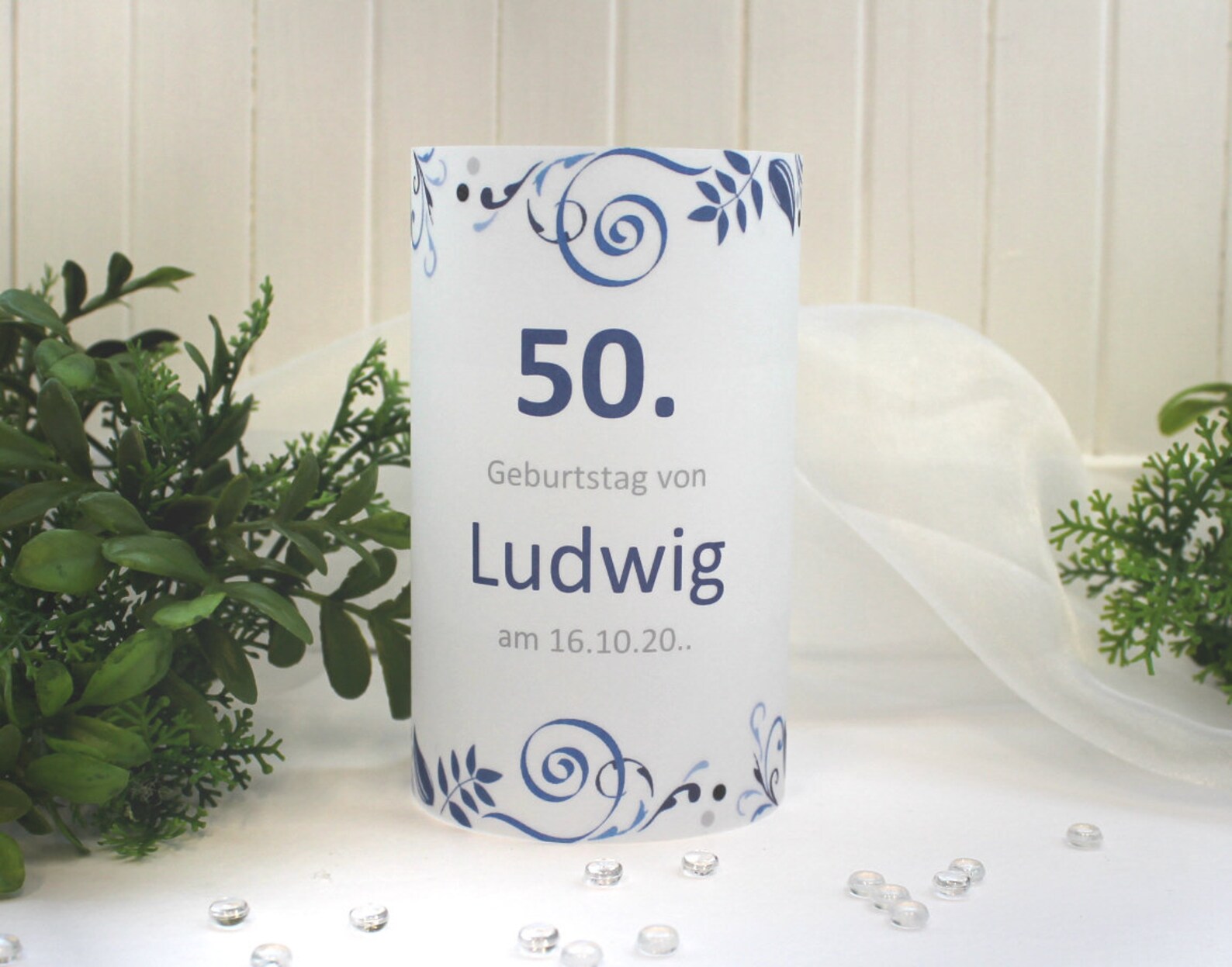 Lichthülle, Windlicht Pergament zum Geburtstag "Ornament blau" Design 420