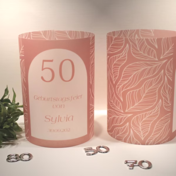 Lichthülle, Windlicht Pergament zum Geburtstag "altrosa" mit Jahreszahl Design 7210