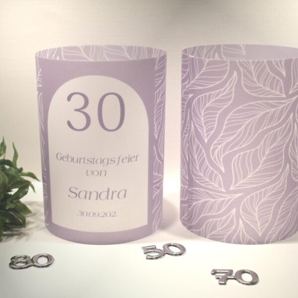 Lichthülle, Windlicht Pergament zum Geburtstag "lila" mit Jahreszahl Design 7210