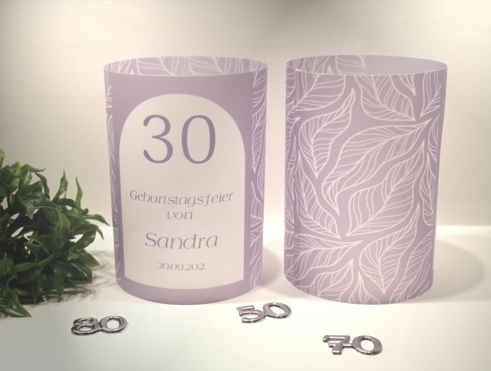 Lichthülle, Windlicht Pergament zum Geburtstag "lila" mit Jahreszahl Design 7210