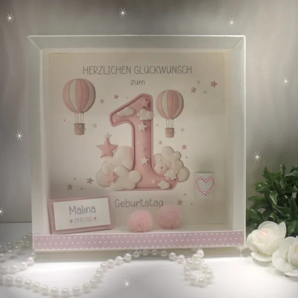 Geschenkschachtel als Rahmen zum "1 Geburtstag Mädchen" mit transparentem Schiebedeckel, hochwertige Qualität Design 8010