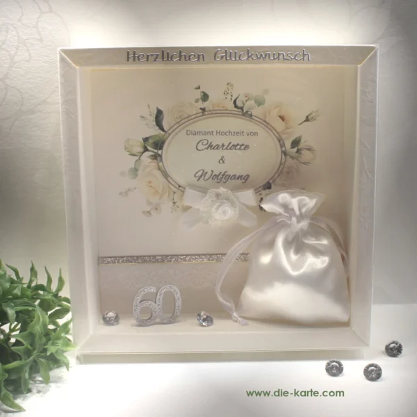 Geschenkschachtel als Rahmen zur Diamant Hochzeit "Rosen" mit transparentem Schiebedeckel, hochwertige Qualität, Design 8021