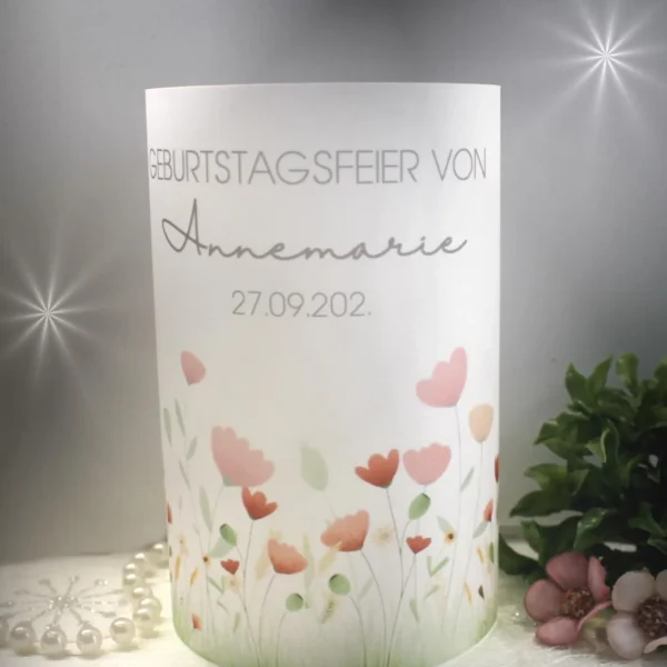 Lichthülle, Windlicht Pergament zum Geburtstag "Blumenwiese" Design 95010