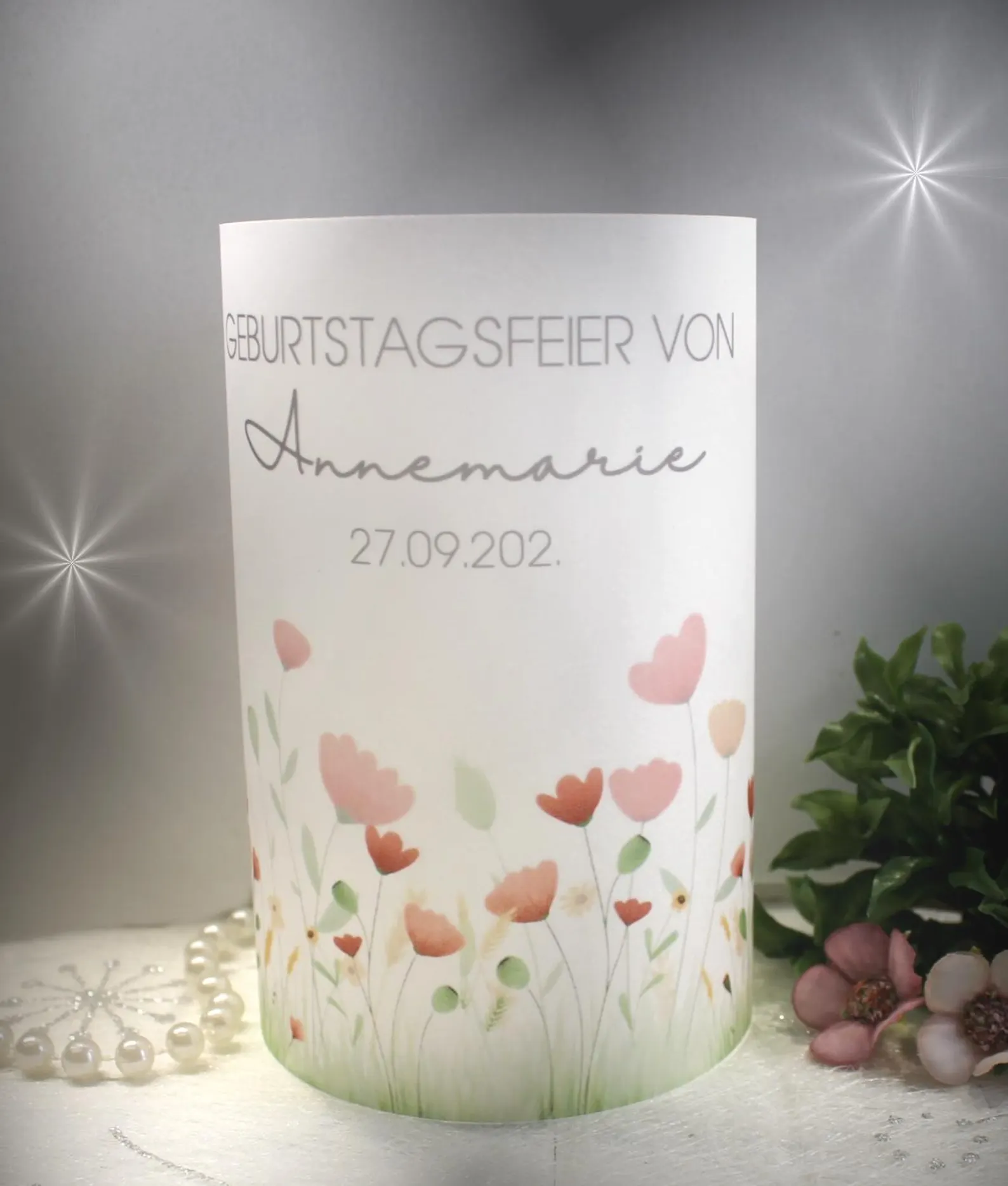 Lichthülle, Windlicht Pergament zum Geburtstag "Blumenwiese" Design 95010