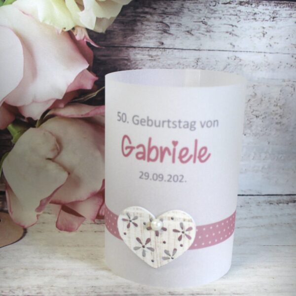 Lichthülle, Windlicht Pergament zum Geburtstag mit Holzherz, Farbe altrosa Design 961