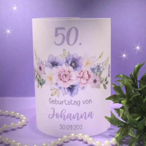 Lichthülle, Windlicht Pergament zum Geburtstag "Blumenbuket" Design GE02 WL
