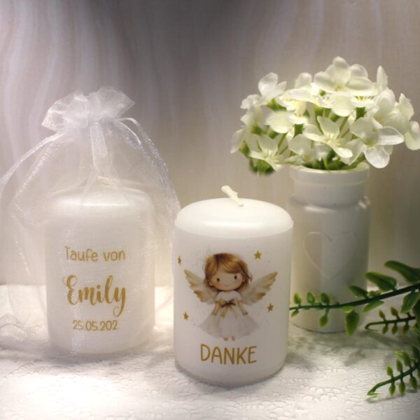 Gastgeschenk Kerze zur Taufe "Engel gold" im Organzasäckchen, zum kleinen Preis! Design TA04