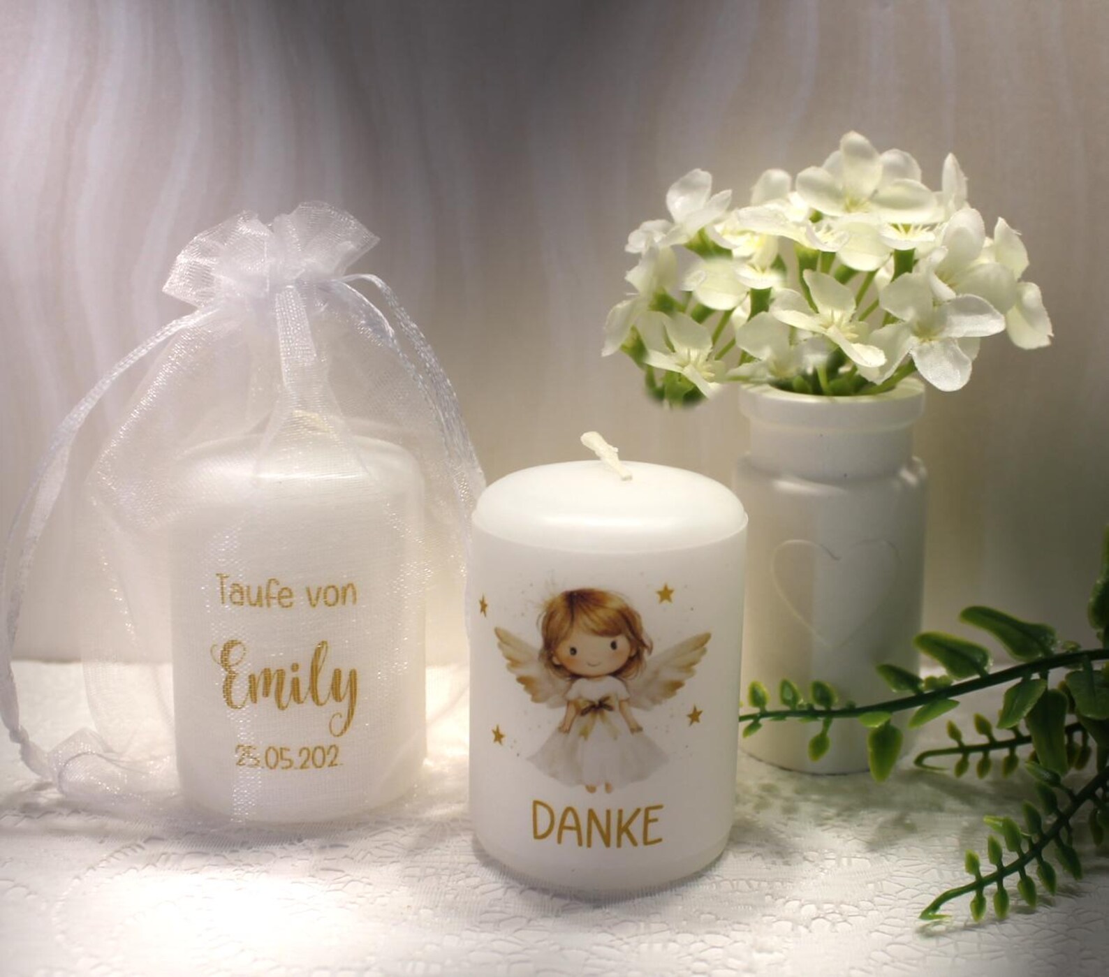 Gastgeschenk Kerze zur Taufe "Engel gold" im Organzasäckchen, zum kleinen Preis! Design TA04