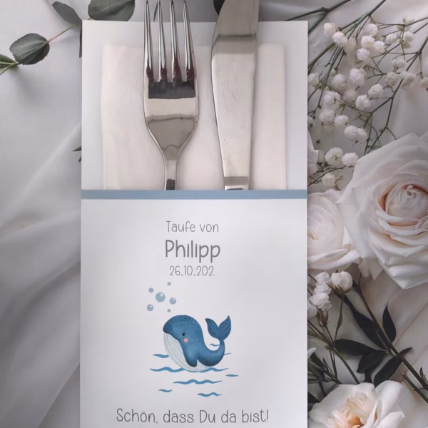 Bestecktasche zur Taufe "kleiner Wal" personalisiert, Design TA11