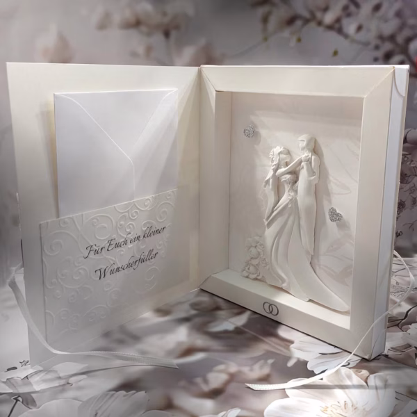 Exklusive Hochzeits-Geschenkschachtel mit Handgemachtem Brautpaar im Rahmen ideal als Geldgeschenk zur Hochzeit incl. Personalisierung! Design 116