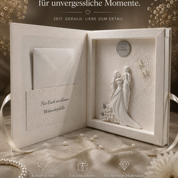 Exklusive Hochzeits-Geschenkschachtel mit Brautpaar im Rahmen ideal als Geldgeschenk zur Hochzeit incl. Personalisierung Design 116N