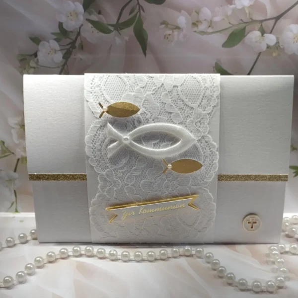 Glückwunschkarte zur Kommunion "weiss-gold" auf Wunsch mit Geldgeschenke Umschlag Design 164