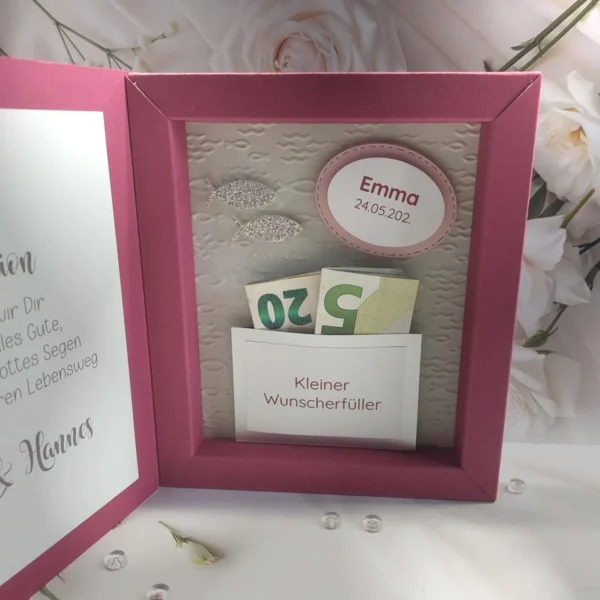 Geschenkschachtel ideal als Geldgeschenk zur Konfirmation, Kommunion oder Firmung incl. Personalisierung! Design 220 rosa