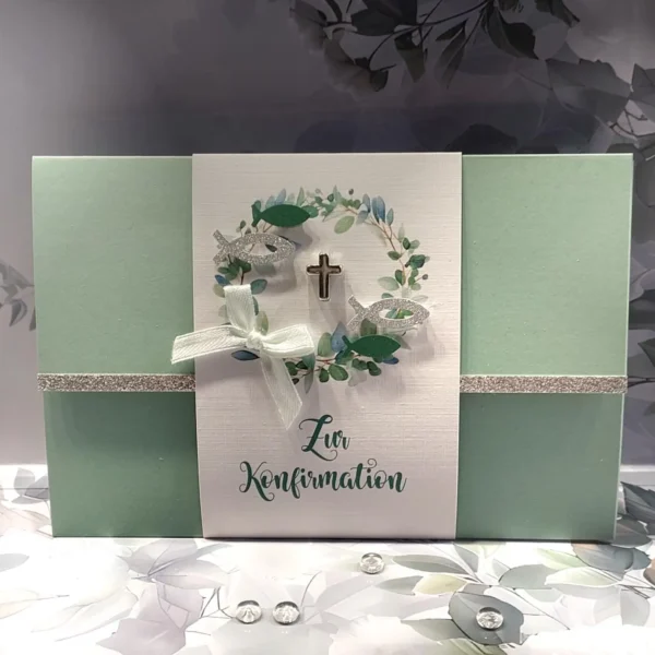 Glückwunschkarte zur Konfirmation oder Kommunion "salbei - Fische" auf Wunsch mit Geldgeschenke Umschlag Design 163