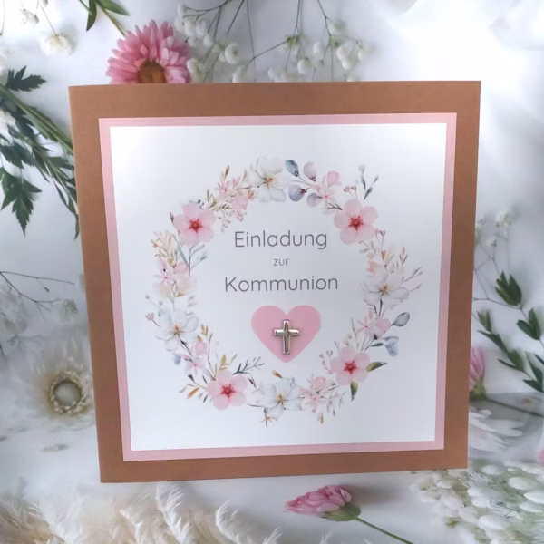 Einladung "Blütenkranz mit Kreuz" zur Konfirmation, Kommunion, Firmung oder Taufe Design K34