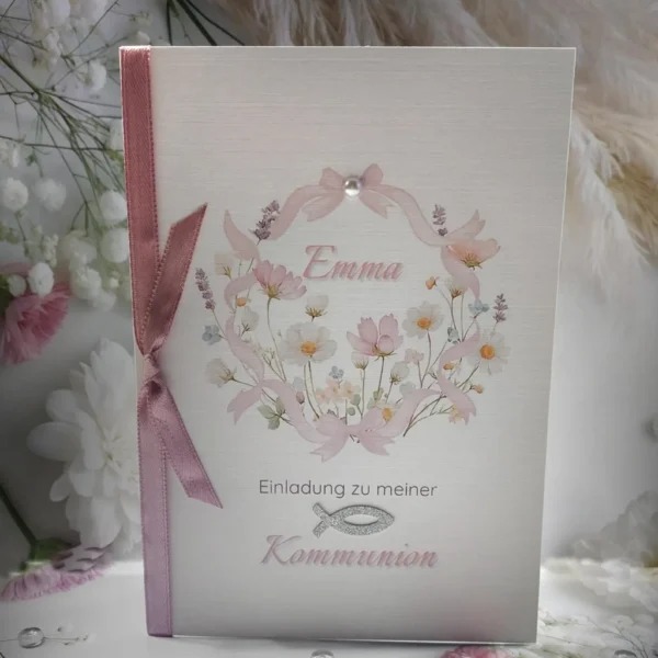 DIY Einladung zur Kommunion oder Konfirmation – zarte Rosatöne mit Silberglitter-Fisch Design K50