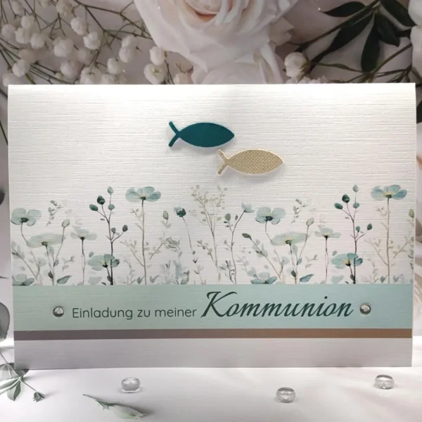Einladung zur Kommunion oder Konfirmation – zarte minttöne mit Fischen Design K52