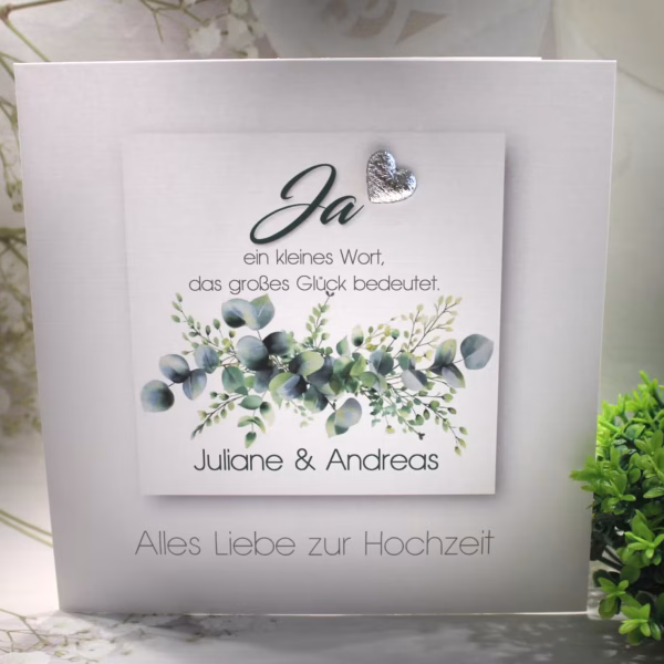 Hochzeitskarte mit Eukalyptus & „Ja“ – personalisierbar Design 121 silber