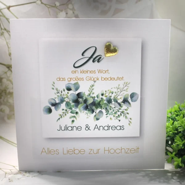 Hochzeitskarte mit Eukalyptus & „Ja“ – personalisierbar Design 121 gold