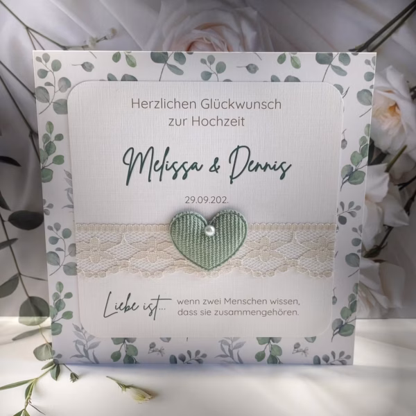Romantische Hochzeitskarte mit Eukalyptus und Spitze Design 133
