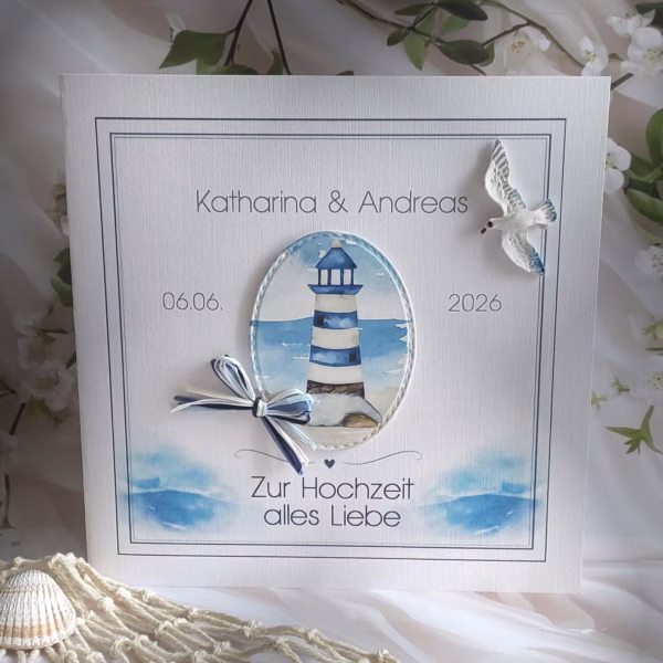 Maritime Hochzeitskarte mit Leuchtturm | Glückwunschkarte Hochzeit Design 165