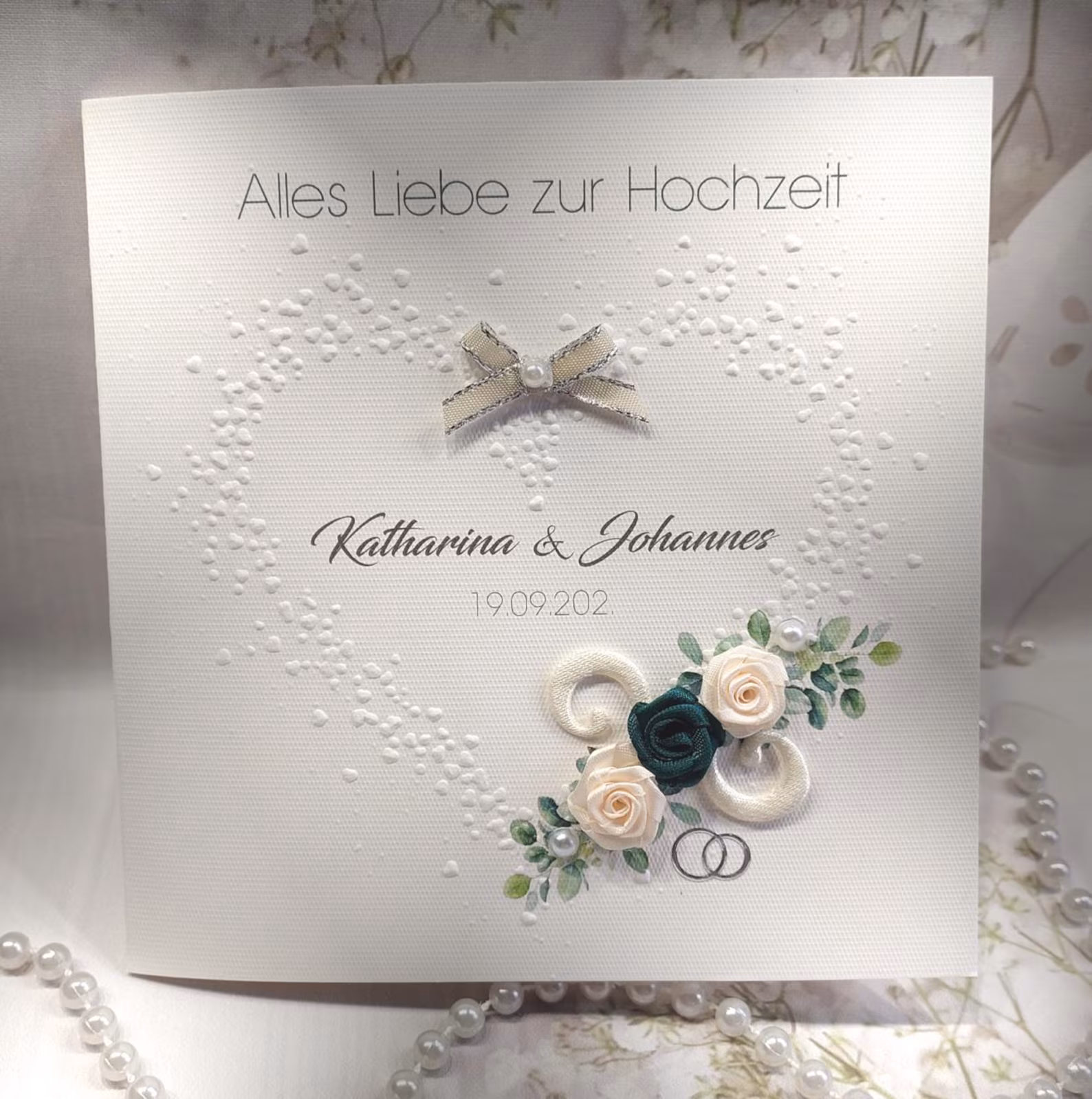 Hochzeitskarte mit Rosen & Perlen | Glückwunsch zur Hochzeit Design 166 – Bild 2