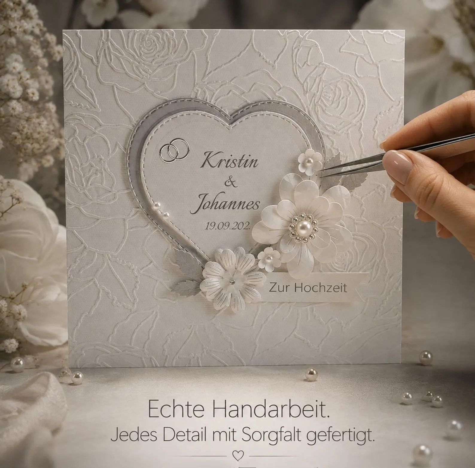 Glückwunschkarte zur Hochzeit "Die Karte Exclusiv" mit handgemachten Blüten, Design 169 – Bild 2