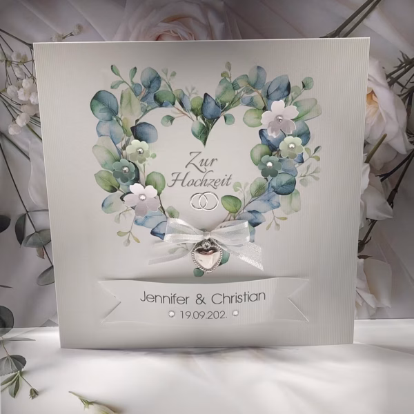 Edle Hochzeitskarte mit Eukalyptuskranz und Blüten Design 170